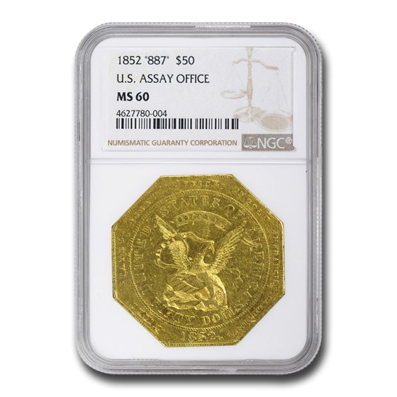 1852 $50 Humbert Au Ingot U.S. Assay Office MS-60 NGC (.887 Fine) 1852 $50 Humbert Au Ingot U.S. Assay Office MS-60 NGC (.887 Fine)